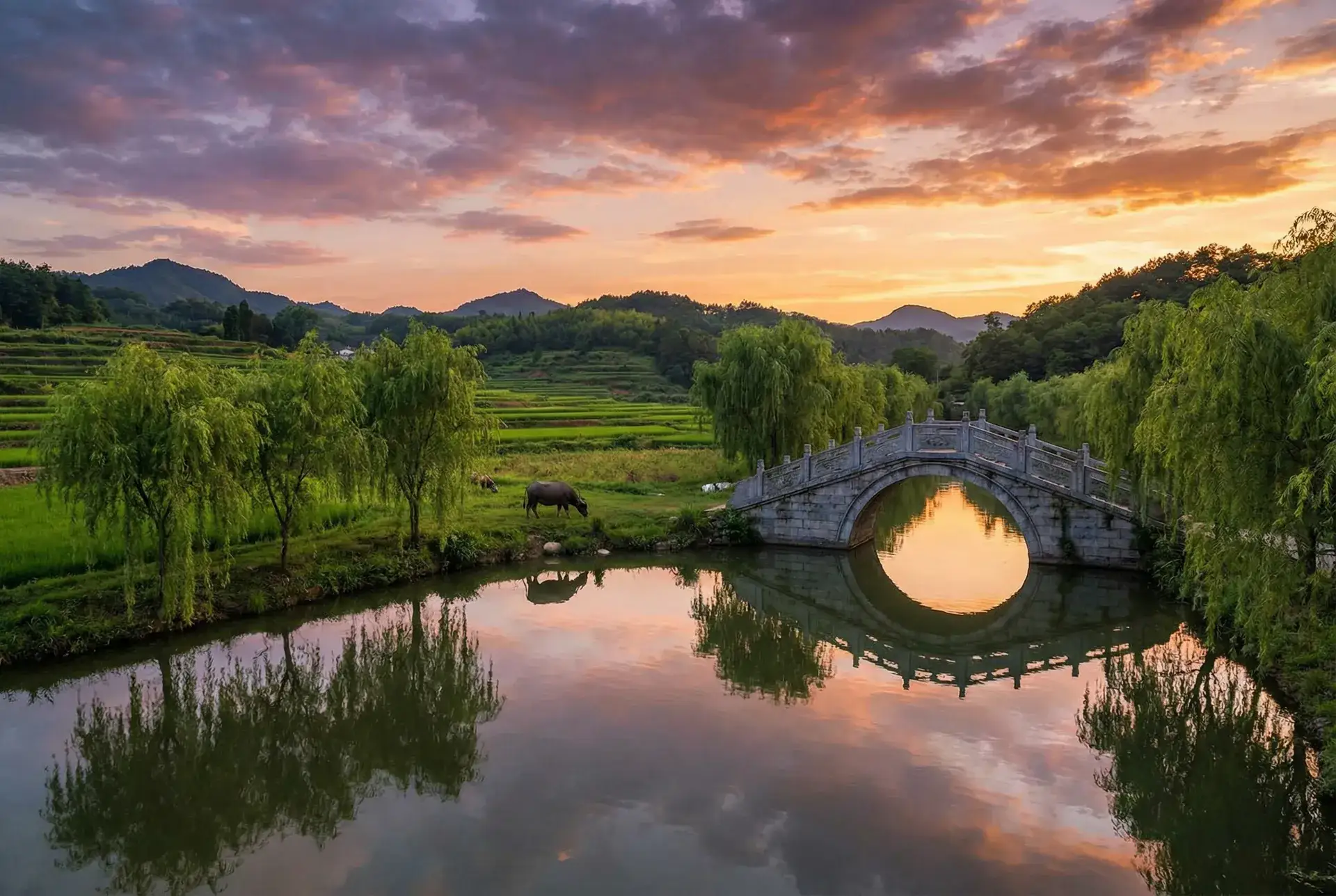 夕阳下的石拱桥与垂柳，水牛在河边吃草 - 打擂台电影 乡村美景